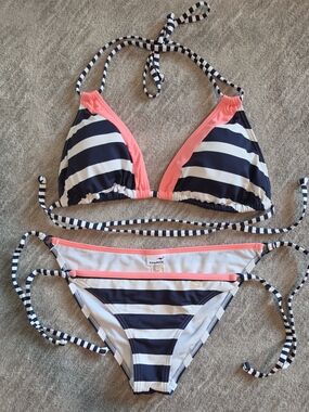 Striped Navy & White Bikini with Coral Trim